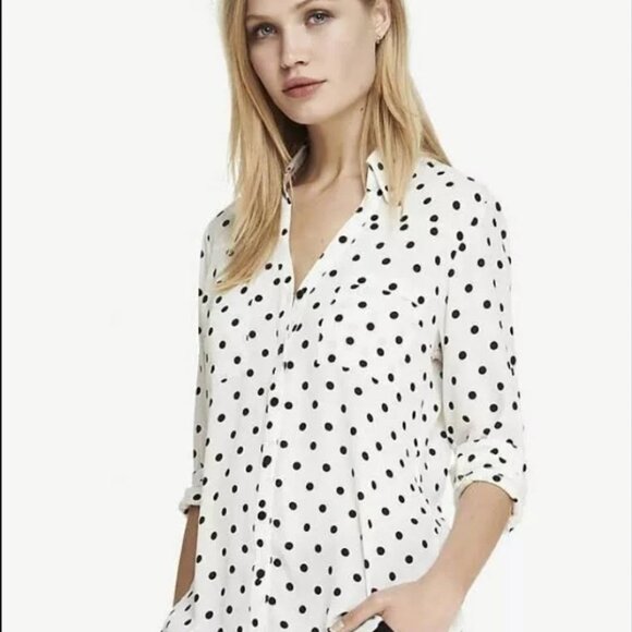 Express Tops - Express Black And White Polka Dot Portofino Shirt Size Small